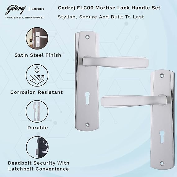 Godrej Mortise Door Lock Handle Set | 175mm ELC 06 | 6-Lever Locking Mechanism | Suitable for Doors (Satin Steel Finish) | 1 Years Warranty