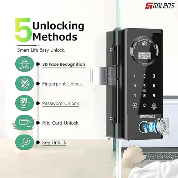 61C2Y9yWU5L._SX569_ Golens Smart Glass Door Lock for Home/Office | WiFi | 6 Ways Unlocking, Fingerprint, Remote, PIN, IC Card, Mobile App, Key | Digital Lock for Door