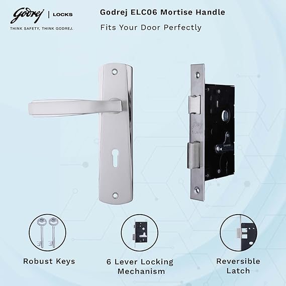 Godrej Mortise Door Lock Handle Set | 175mm ELC 06 | 6-Lever Locking Mechanism | Suitable for Doors (Satin Steel Finish) | 1 Years Warranty