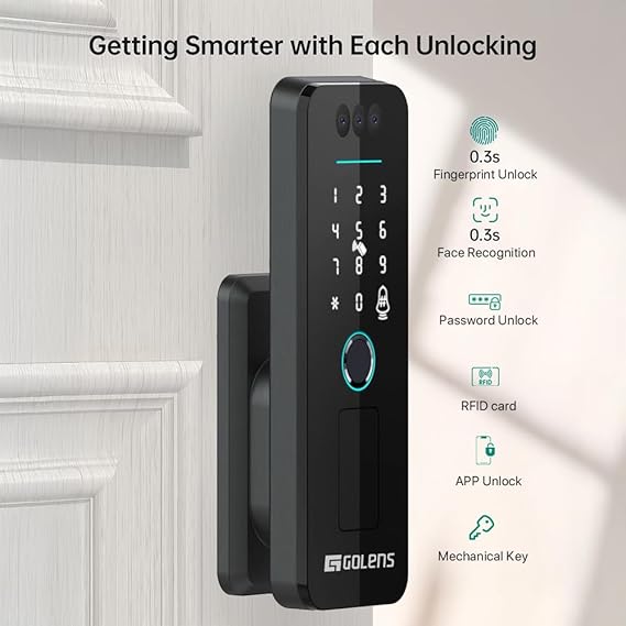 61n9luBU4DL._SX569_ Golens Smart Glass Door Lock for Home/Office | WiFi | 6 Ways Unlocking, Fingerprint, Remote, PIN, IC Card, Mobile App, Key | Digital Lock for Door