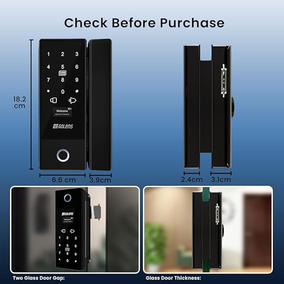 61rxg+soYRL._SX569_ Golens Smart Glass Door Lock for Home/Office | WiFi | 6 Ways Unlocking, Fingerprint, Remote, PIN, IC Card, Mobile App, Key | Digital Lock for Door